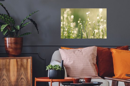 Sticker Muursticker Rosée précoce - Rosée précoce sur brins d'herbe - 60x40 cm - film adhésif autocollant - sticker mural repositionnable