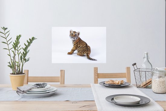 Sticker Muursticker Tigre sur fond blanc - Bébé tigre assis sur fond blanc - 60x40 cm - Film adhésif autocollant - Sticker mural repositionnable