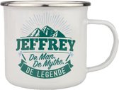 Mok - Top vent - Jeffrey - Geëmailleerd - Gevuld met een verpakte toffeemix - In cadeauverpakking