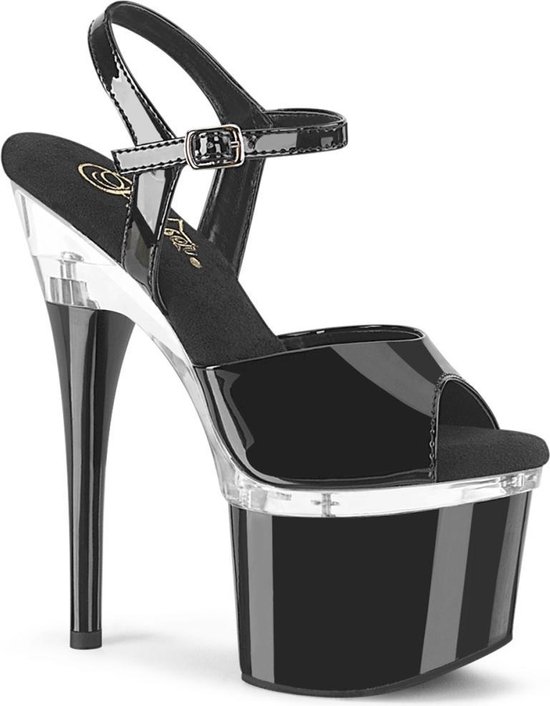 Pleaser - ESTEEM-709 Sandaal met enkelband, Paaldans schoenen - Paaldans schoenen - 37 Shoes - Zwart/Zilverkleurig