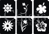 Chloïs Glittertattoo Sjabloon - Flowers - Multi Stencil - CH9300 - 1 stuks zelfklevend sjabloon met 6 kleine designs in verpakking - Geschikt voor 6 Tattoos - Nep Tattoo - Geschikt