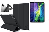 Hoes geschikt voor iPad Pro 2021 11 inch - Screenprotector GlassGuard - Trifold Book Case Leer Tablet Hoesje Zwart