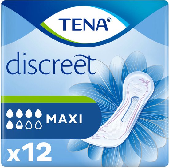 TENA Discreet Maxi inlegkruisjes, verpakking met 12 stuks. Blauw en wit met bloemmotief. Met instADRY zone.