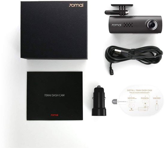 Verpakking van de 70Mai dashcam met doos, handleiding, dashcam, USB-kabel, autolader en installatie-instructies.