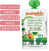 Pumpkin Organics Knijpzakje - "GENUSS" met Zoete Aardappel, Spinazie, Mais, Ewten & Appel - 6 Maanden - Biologische Babyvoeding - 8 Stuks