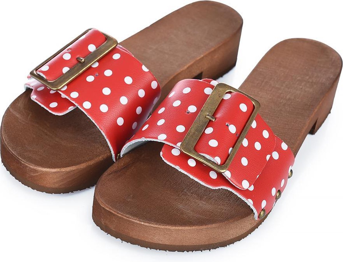 Houten sandalen rode stip polka dots met gesp DINA kleppers 39