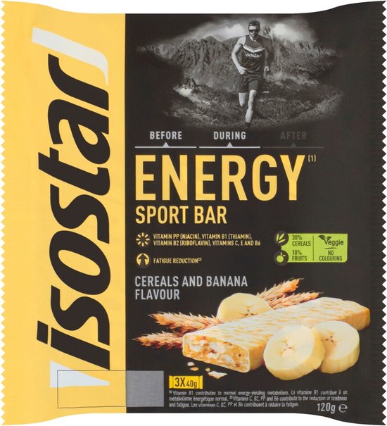 Isostar energiereep met havermout en bananensmaak, met een hardloper op de verpakking.