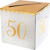 Kartonnen moneybox Golden 50 wit met goud - enveloppendoos - sarah - abraham - 50 jaar