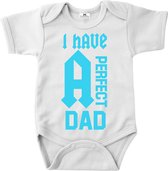 Rompertje vaderdag cadeau -I have a perfect dad-wit-blauw-korte mouw-Maat 56