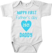 Vaderdag cadeau rompertje-Happy first father's day 2021-wit-blauw-korte mouw-Maat 92