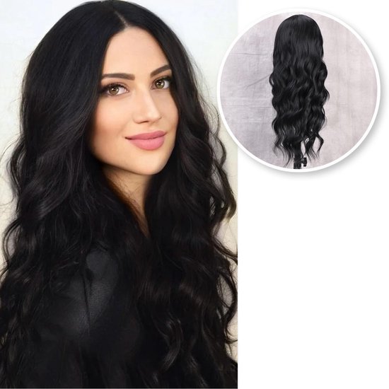Zwarte Pruik - Pruiken Dames - Wig - Verstelbaar - Haar Golvend Zwart - 70 cm bol.com