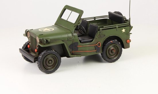 Decoratief Beeld - Een Blikken Model Van Een Leger Jeep - Aluminium - Wexdeco - Zwart, Wit, Groen En Bruin - 29.1 X 13.6 Cm