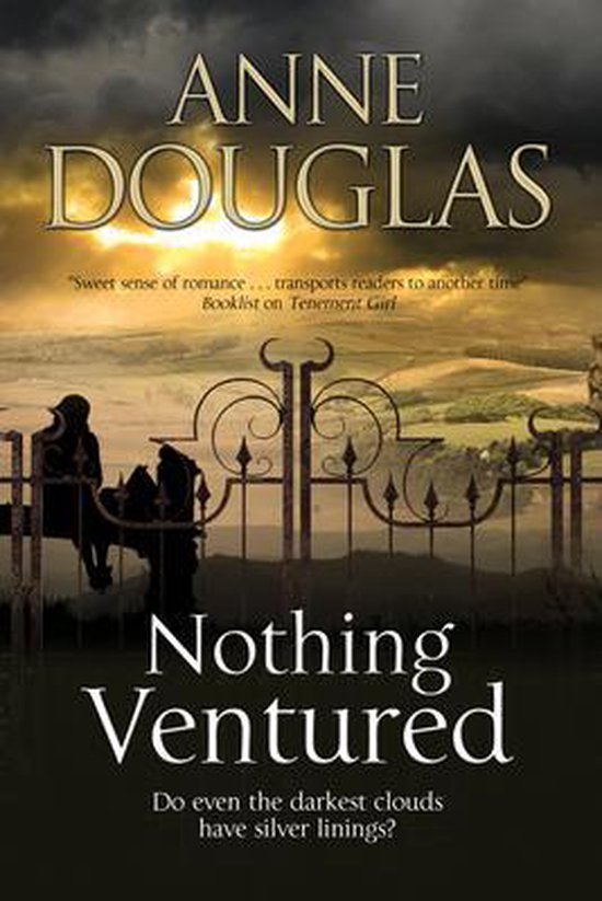 Boekomslag van 'Nothing Ventured' door Anne Douglas. Een romantische scène bij zonsondergang met een hek en een stel.