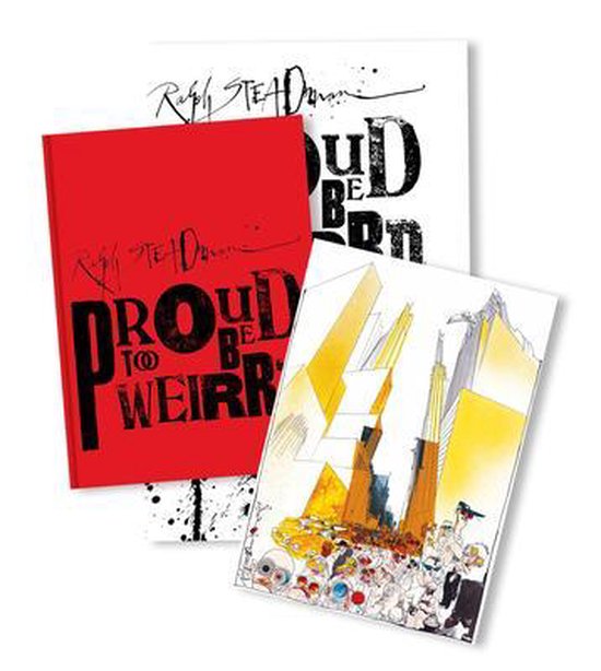 Livre à couverture rouge avec 'PROUD TO BE WEIRD' en lettres noires. Deux tirages vierges avec texte et illustrations.