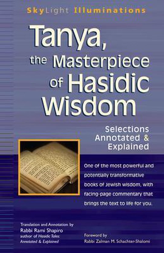 Boekcover van Tanya, the Masterpiece of Hasidic Wisdom, met een open boek en tekst.