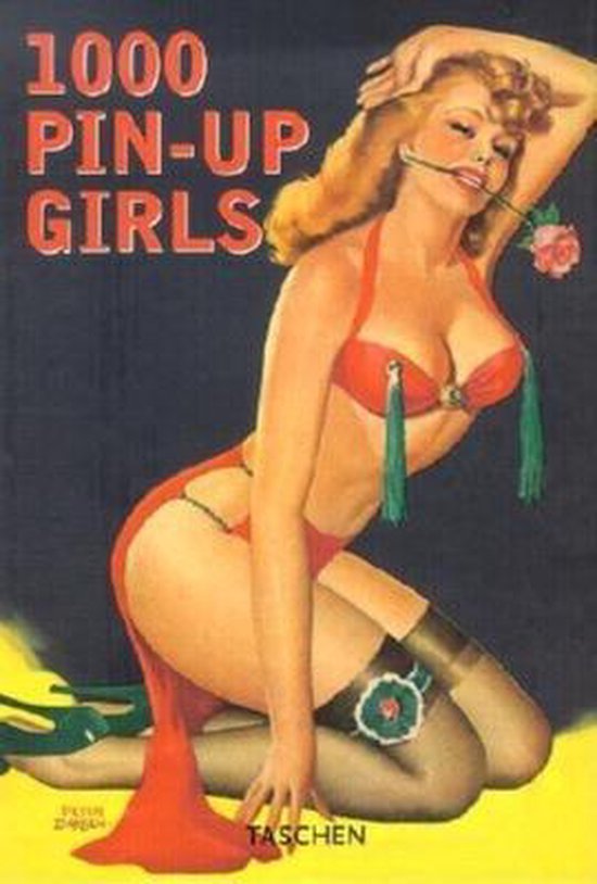 Boekomslag '1000 Pin-Up Girls' met blondine in rood badpak, roos in mond.