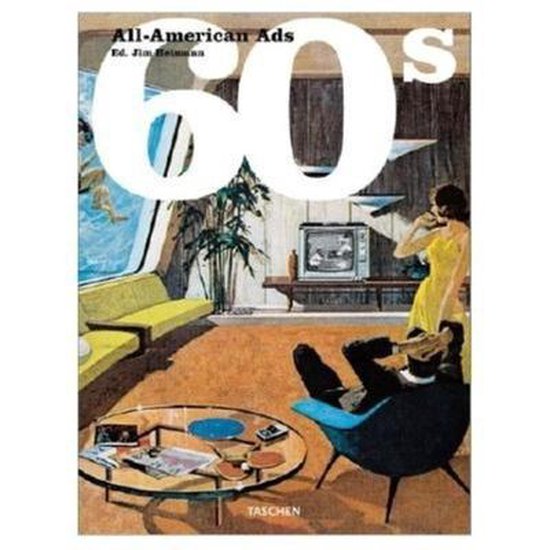 Boekomslag met de titel 'All-American Ads 60s' en een illustratie van een retro woonkamer met een gezin.