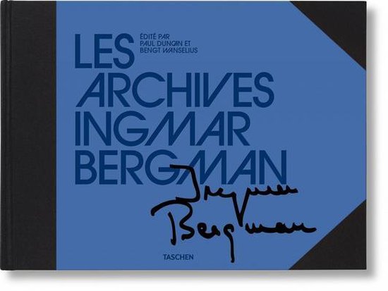 Boek "Les Archives Ingmar Bergman" met blauwe omslag en zwarte tekst. Handtekening van Bergman onderaan.