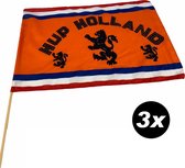 3 stuks - Zwaaivlag Hup Holland en Leeuw op houten stok - voordeelverpakking