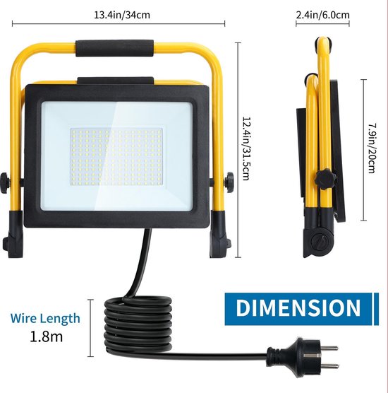 LED DE TRAVAIL À LED - ANTI-CHOC IP44 - 100W 9000LUMEN - 6500K DAYLIGHT WHITE - INCL. FICHE DE CONNEXION 150CM