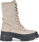 PS Poelman Dames - NORA Nude Suedè Nubuck Leren Chunky Hoge Veter Laarzen Zwarte Zool - Beige Taupe - Maat 41