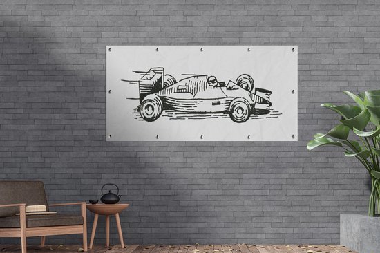 Une illustration noir et blanc de l'affiche de jardin de la voiture de course de Formule 1 160x80 cm - Toile de jardin / Toile d'extérieur / Peintures d'extérieur (décoration de jardin)