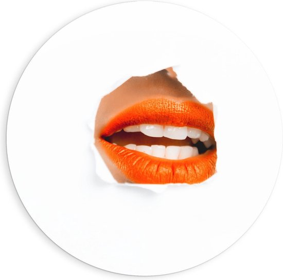 Forex Wandcirkel - Oranje Lippen door Wit Papier - 90x90cm Foto op Wandcirkel (met ophangsysteem)