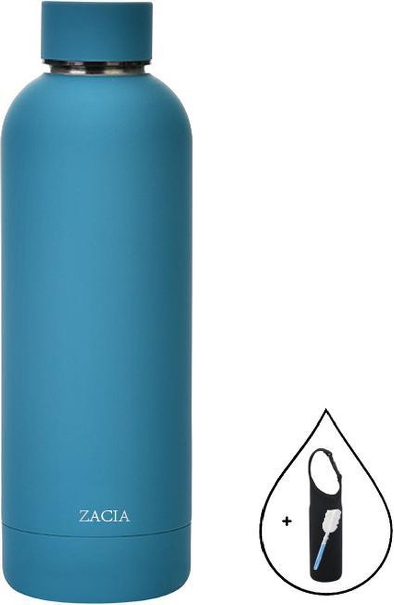 ZaCia Drinkfles Blauw incl. Drinkfleshoes en Schoonmaakspons - Thermosfles Waterfles - Roestvrij Staal RVS - 500ML