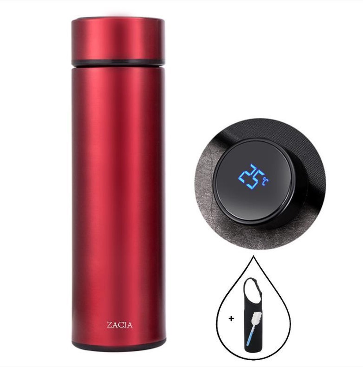 ZaCia Luxe RVS Thermosfles 500 ML Rood incl. Thermosfleshoes willekeurig geselecteerd en Schoonmaakspons - Koffie & Thee Thermosbeker -Travel Mug - Reisbeker met Temperatuur Display - Thermoskan - Waterfles - LCD Touch Screen Display Temperatuur