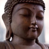Tuinposter - Boeddha / Beeld - Boeddhabeeld in wit / bruin / beige / zwart - 100 x 100 cm.