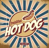 Tuinposter - Retro - Hot Dog in beige / bruin / wit / blauw - 160 x 160 cm.