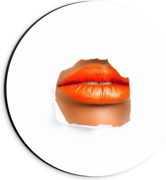 Dibond Wandcirkel - Oranje gesloten Lippen door Papier - 20x20cm Foto op Aluminium Wandcirkel (met ophangsysteem)