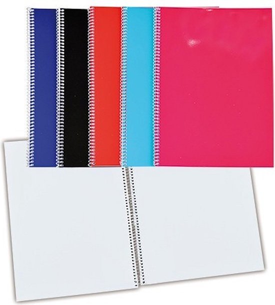 Vijf gebonden notitieboekjes in blauw, zwart, rood, cyaan en roze met spiraalbinding.