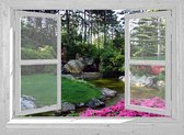 Tuindoek Doorkijk Openslaand Wit Venster- Paarse Bloemen In Japanse Tuin - 90x65 Cm - Tuinposter - Tuin Decoratie - Tuinposters Buiten - Tuinschilderij