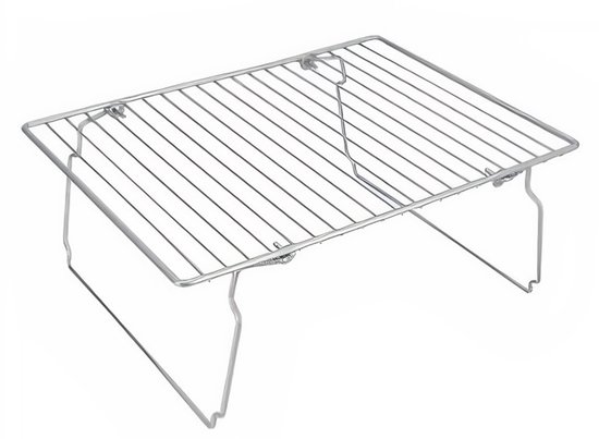 Zilverkleurige Metaltex Megatotem plankverhoger met draadplateau en inklapbare poten