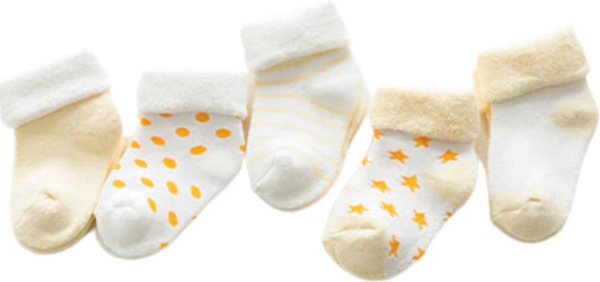 Winkrs - 5 paar New born Baby sokken - Geel Witte Sokjes tot 3 maanden