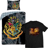 Harry Potter Dekbedovertrek- Katoen- 1persoons- 140x200- Dekbed Hogwarts Logo -Zwart, incl. zwart T-shirt met Toverspreuken-boek mt 9/11