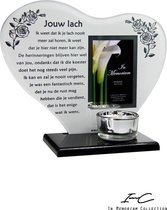 In Memoriam Hart, Origineel, waxinehouder met spiegelletter tekst “Jouw lach”, inclusief 12 waxinelichten. Overlijden, overleden, herdenken