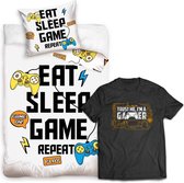 Gamer Dekbedovertrek Eat Sleep Game - Eenpersoons - 140x200 cm - Katoen- incl. zwart T shirt Gamer mt 12/14