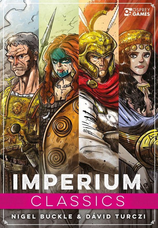 Cover met vier figuren uit de oudheid: een Romeinse generaal, een Keltische krijger, een Griekse soldaat en een Egyptische prinses. Titel: Imperium Classics.