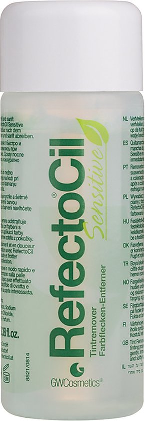 RefectoCil Sensitive Tint Remover flesje met meertalige tekst en groen label.