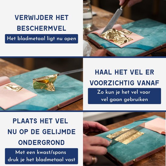 Demonstratie van het aanbrengen van bladmetaal: verwijderen beschermvel, oppakken vel met spatel, plaatsen op gelijmde ondergrond en aandrukken.