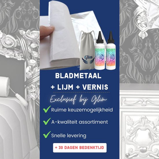 Bladmetaal, lijm en vernis van Glim. Inclusief 30ml lijm, 30ml vernis en een bewaarzakje.