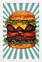 JUNIQE - Poster in houten lijst Double Cheeseburger -40x60 /Blauw &