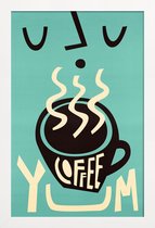 JUNIQE - Poster in houten lijst Yum Coffee -40x60 /Turkoois