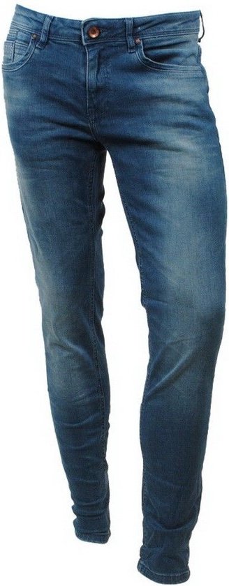 Mannen, slim fit jeans, donkerblauw met knoopsluiting.