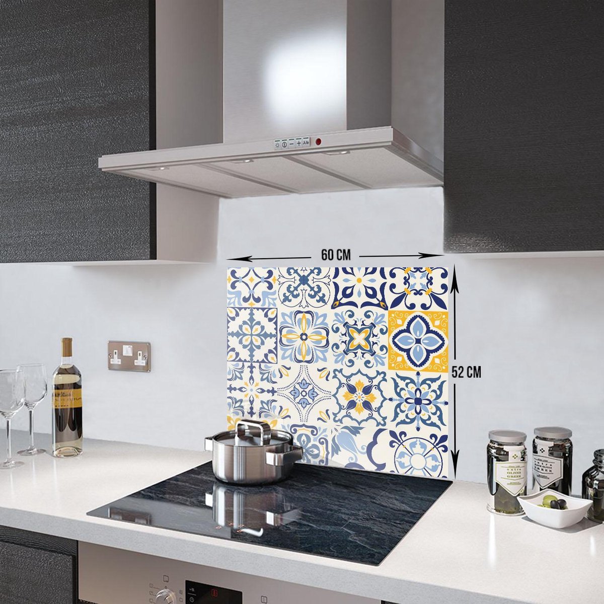 Blauw Tegelpatroon Tempered Glas Spatbescherming Voor Achter de Kookplaat 52cm x 60cm