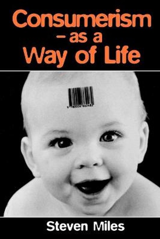 Boekomslag met de titel 'Consumerism - as a Way of Life'. Een baby lacht met een barcode op zijn voorhoofd.
