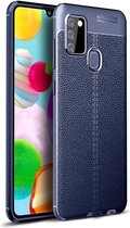 Samsung A21S Hoesje Shock Proof Siliconen Hoes Case | Back Cover TPU met Leren Textuur - Blauw