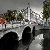 JJ-Art (Aluminium) 60x60 | Brug met bloemen en bomen over de gracht in Amsterdam in zwart wit met steunkleuren | Nederland, vierkant, stad | Foto-Schilderij print op Dibond / Alumi